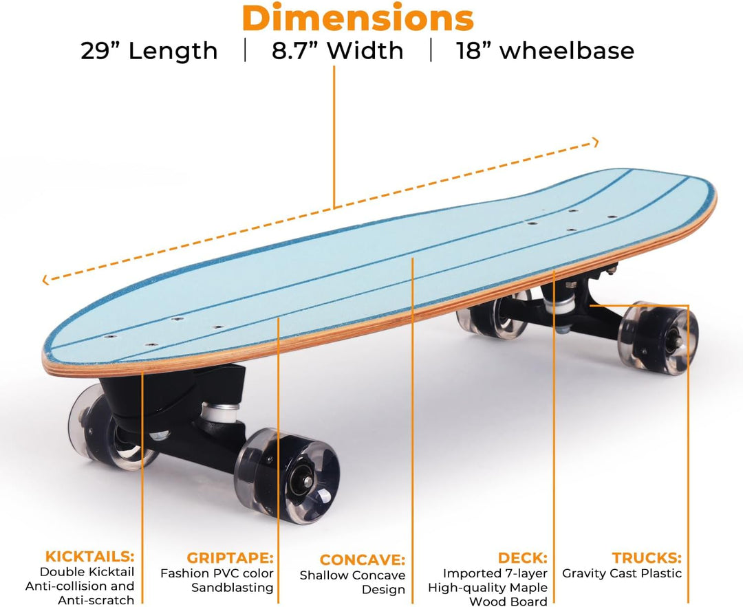 Nattork Complete Skateboards 29" x 8" Kids Skateboard Cruiser Skateboards for Beginners Double Kick