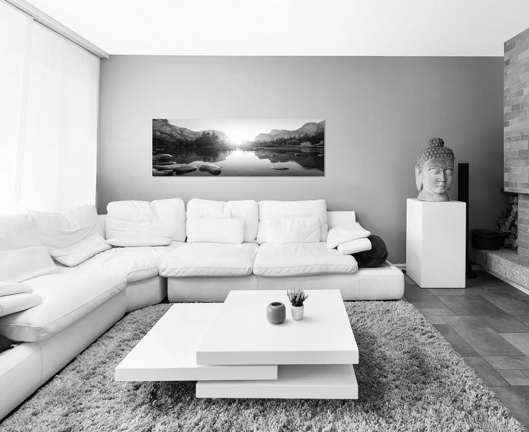 Paul Sinus Art Leinwandfoto als Panorama SCHWARZ/Weiss 120x40cm Yosemite Berge Wald Fluss Sonnenaufg