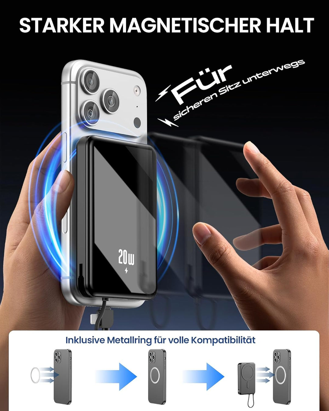 Power Bank 12000mAh, Magnetische Powerbank für iPhone mit 2-in-1 integriertem USB-C & iOS Kabel, Kei