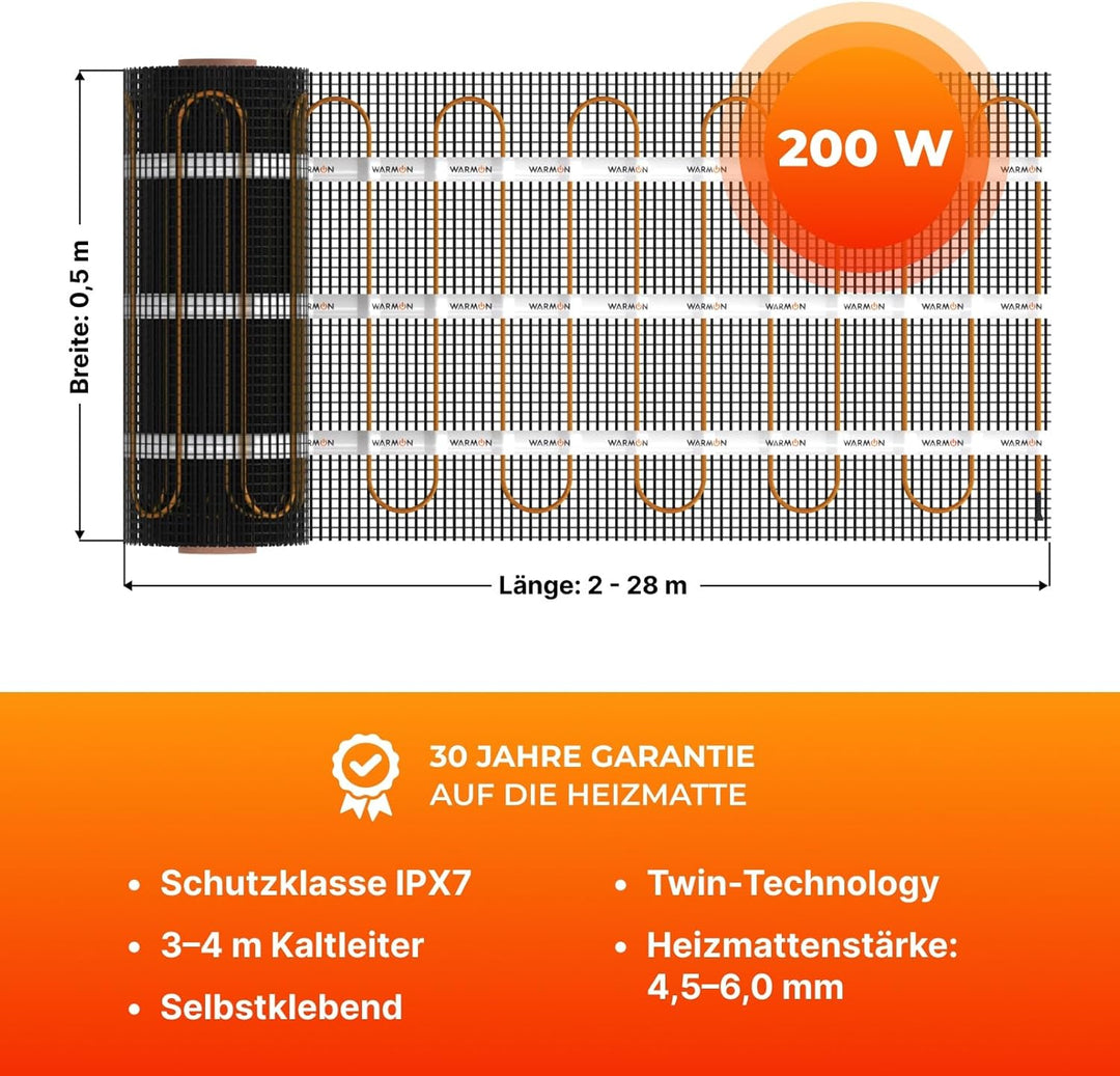 Elektrische Fussbodenheizung: Zweiader-Heizmatte WARMON ULTRA 200 W/m² mit WiFi-Thermostat OKE-25 To