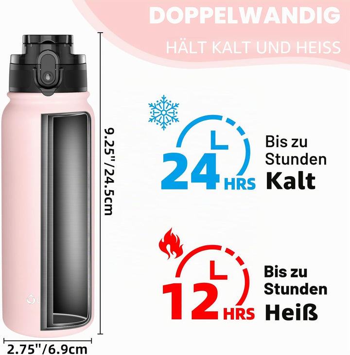 OLDLEY 600ml/20oz Edelstahl-Wasserflasche, Doppelwandige Vakuumflasche, Hält Getränke Heiss und Kalt