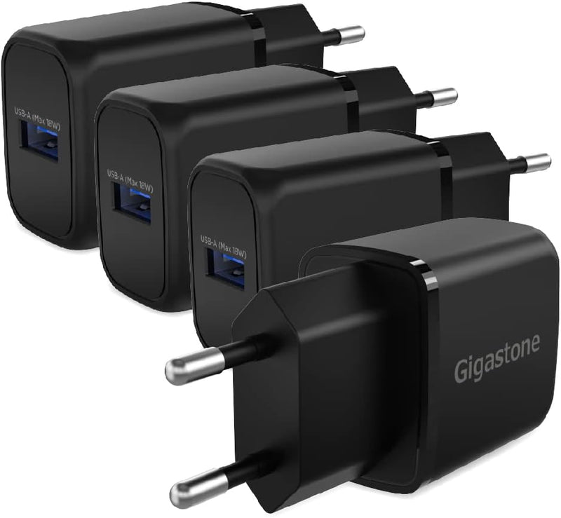 Gigastone USB Ladegerät 4-Pack 18W USB Netzteil, Schnellladegerät QC3.0 Kompatibel Mit iPhone 14/Pro