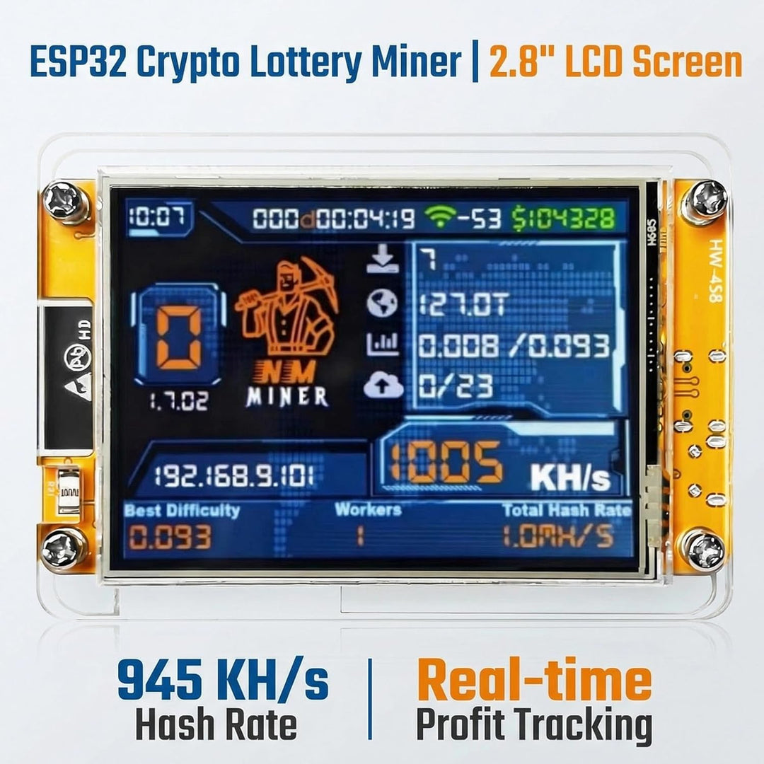 BORDEAG NerdMiner V2 Bitcoin Miner 1020KH/s, ESP32-WROOM BTC Solo Lottery Bitcoin mit 2.8" TFT Displ