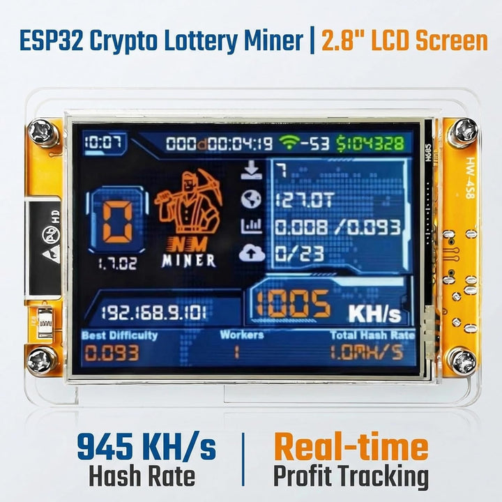 BORDEAG NerdMiner V2 Bitcoin Miner 1020KH/s, ESP32-WROOM BTC Solo Lottery Bitcoin mit 2.8" TFT Displ