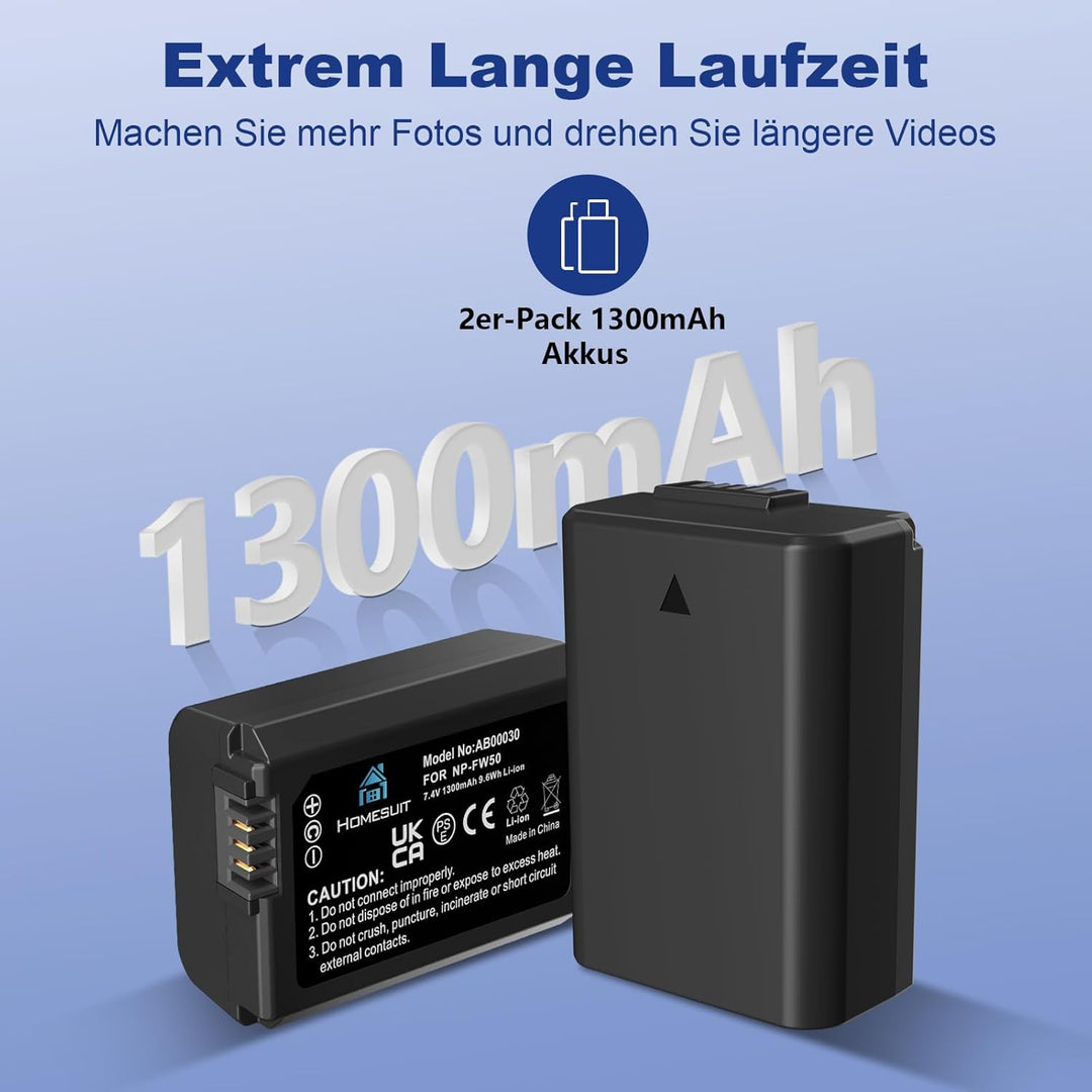 Homesuit NP-FW50 Akku und USB Dual Ladegerät Kit für Sony ZV-E10, A6000-Akkus, A6500, A6300, A7II, A