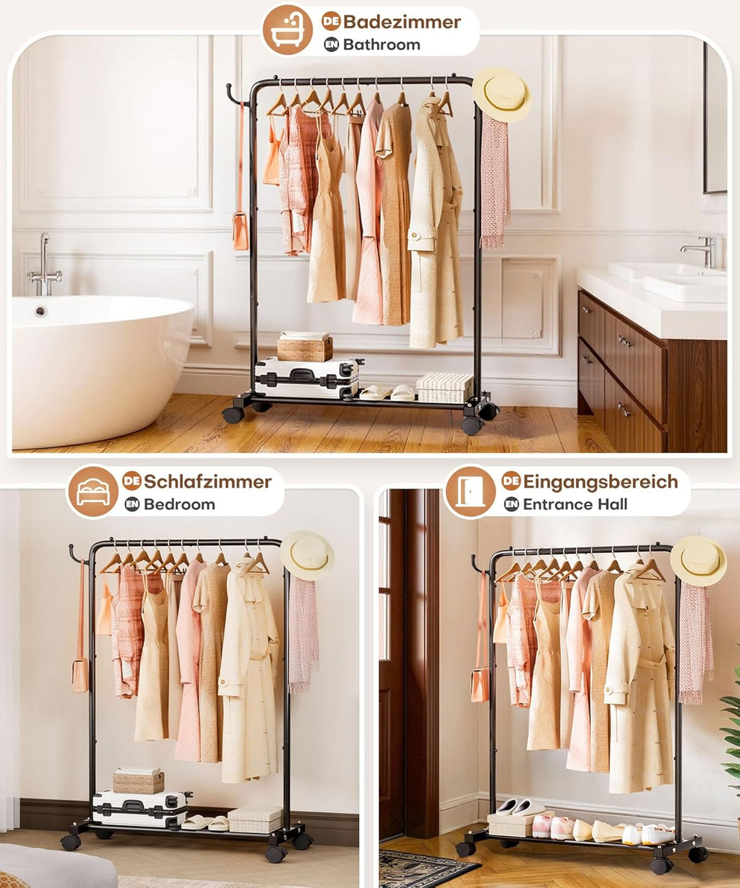 Yorbay Multifunktioneller Robuster Kleiderständer auf Rollen: Stabiler Kleiderstange aus Metall mit