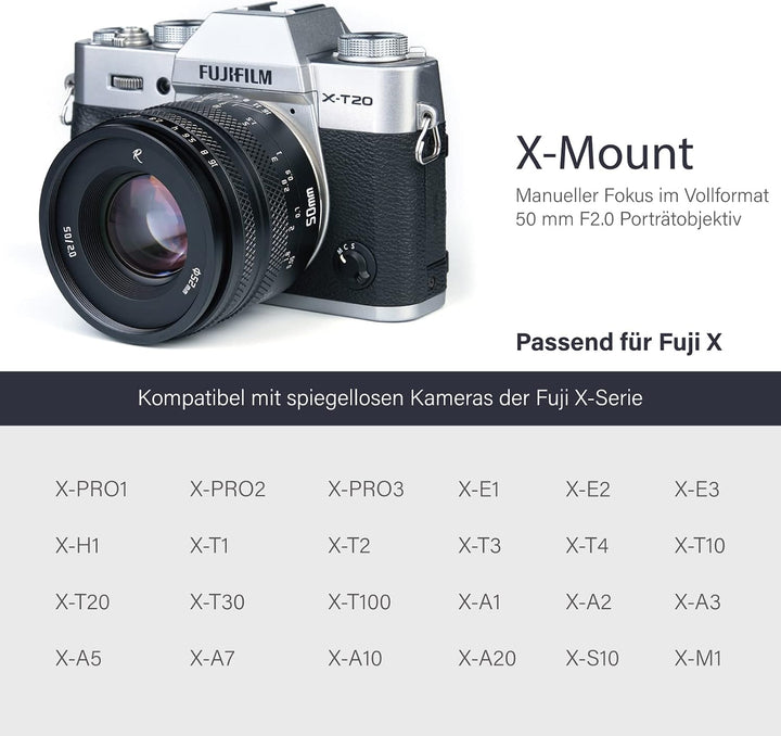 AstrHori 50mm F2.0 Objektiv mit grosser Blende Manuelles Vollformat-Objektiv Kompatibel mit Fuji Fuj