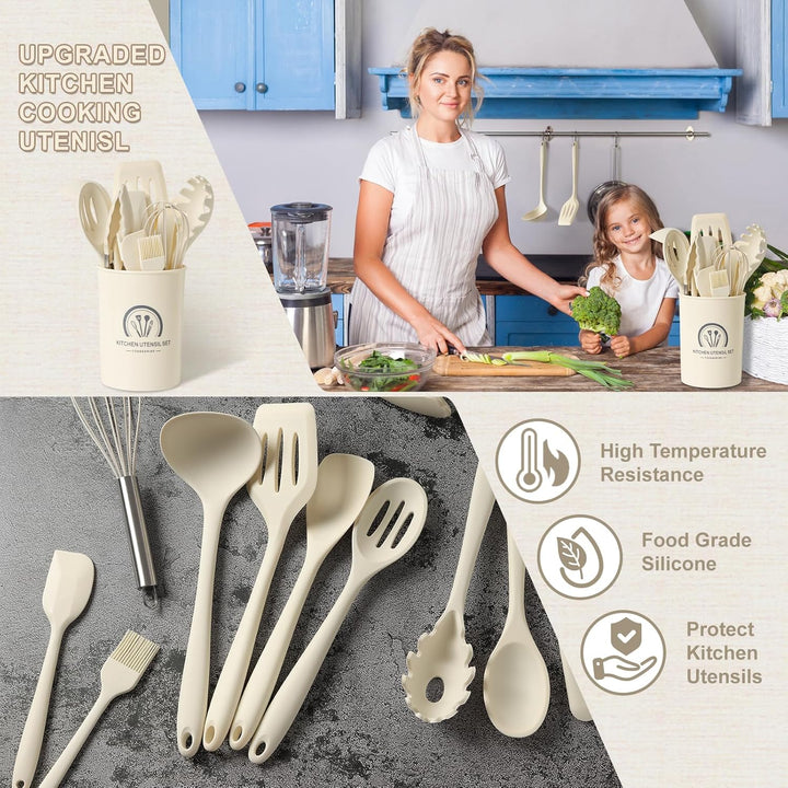 13 Stücke Küchen Kochutensilien Set, Silikon Küchenhelfer Set mit Utensilienhalter, Hitzebeständiger