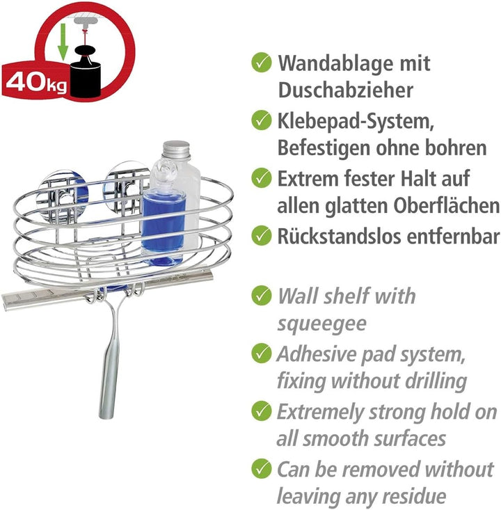 WENKO Turbo-Loc® Wandablage mit Duschabzieher - Befestigen ohne bohren, Stahl, 24 x 27.5 x 13.5 cm,