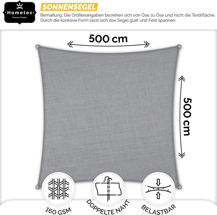 Hometex Premium Textiles Sonnensegel 5×5m Quadratisch inkl. Befestigungseile | Hellgrau | Sonnenschu