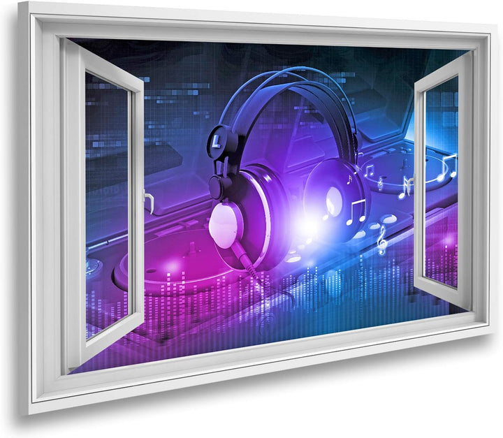 islandburner Bild auf Leinwand Fensterblick DJ Mischpult mit Kopfhörern DJ Party Hintergrund Sagenha