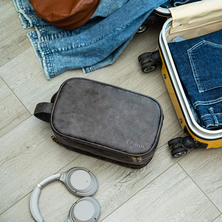 Elviros Kulturbeutel Herren, Geschenke für Männer, PU-Leder Wasserdicht Reise Grosse Öffnung Kulturb