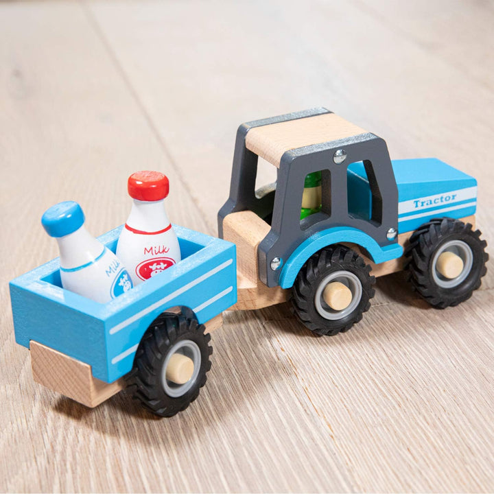 New Classic Toys - 11942 - Spielfahrzeuge - Traktor mit Anhänger und Milchkannen, Blau Traktor Blau,