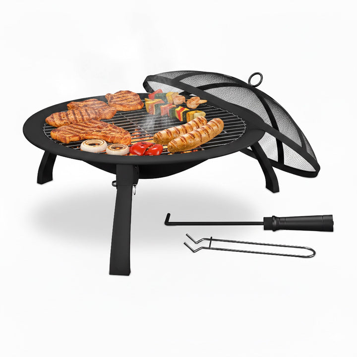 Relaxdays Feuerschale, Ø Schale 51 cm, klappbare Beine, Grillrost, Funkenschutz, Schürhaken, Feuerst