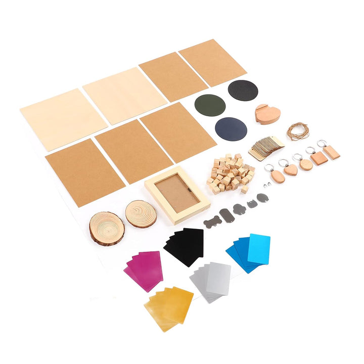 Lasergravurmodul, Lasermaterial-Kit, 11 Arten Material, Edelstahl, Kiefernholz, DIY-Herstellung, CNC