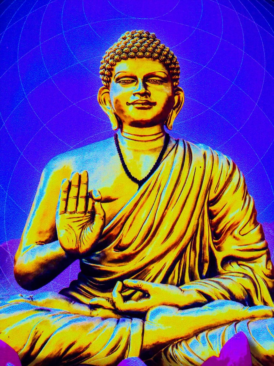 PSYWORK Schwarzlicht Stoffposter Neon | Sacred Lotus Buddha | 0,5 x 0,7m | UV-aktiv | fluoreszierend