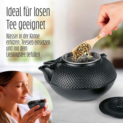 Lumaland Tee Set 8-teilig | 1,4 Liter Gusseiserne Teekanne Tetsubin | Stövchen aus Gusseisen | 2 Tee