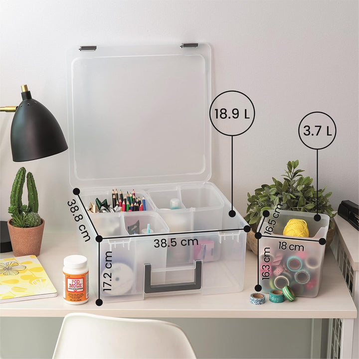 Iris Ohyama, Tragbare Aufbewahrungsbox 18,9L mit Griff, Transparenter Organizer mit 4 herausnehmbare