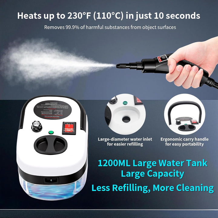 Dampfreiniger Handgerät 1500W, Hochdruck Dampfreiniger mit Zubehör Set, 1200ml Tank, Tragbarer Dampf