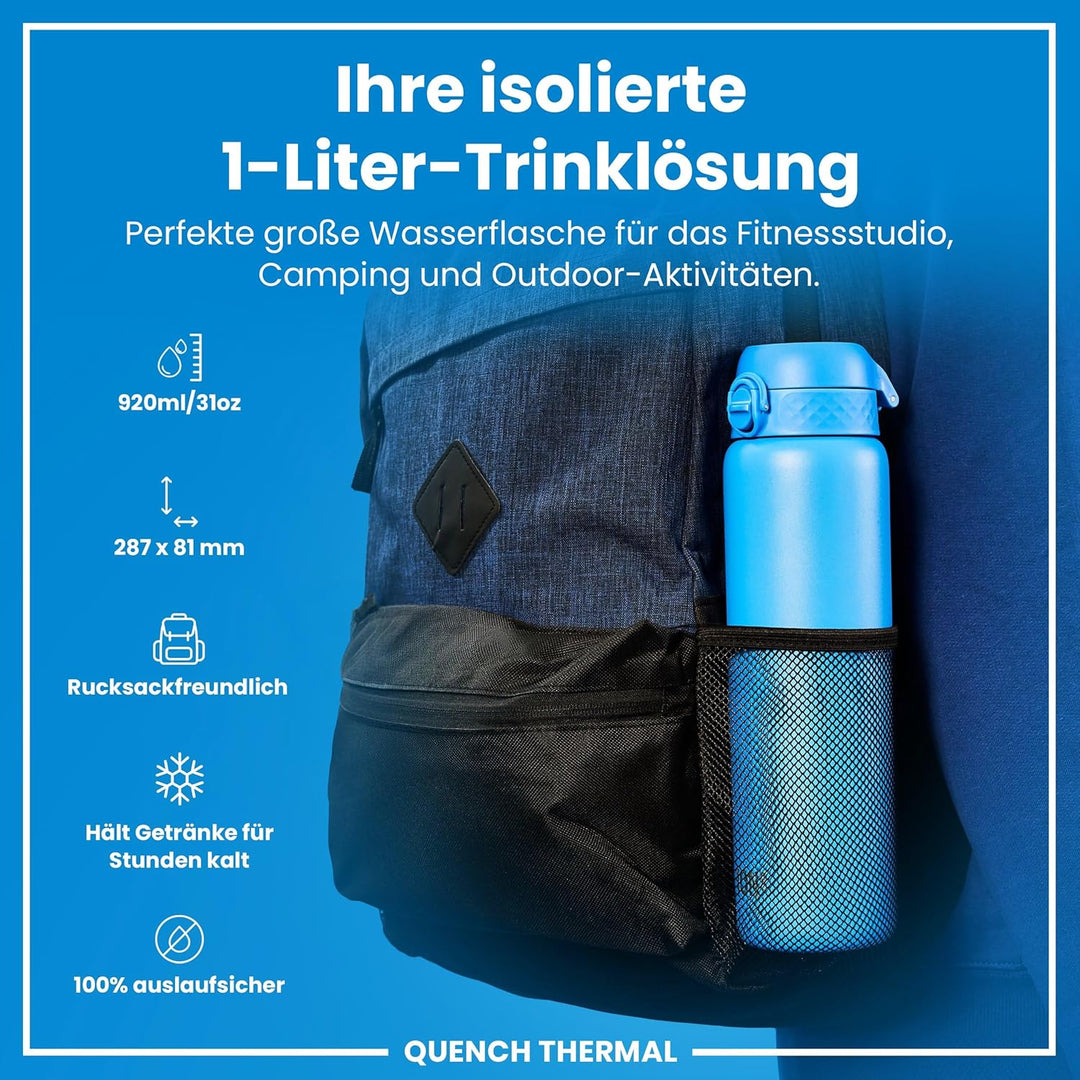 Ion8 Vakuumisolierte Edelstahl-Trinkflasche, 1 Liter, 920 ml, Auslaufsicher, Einhandöffnung, Sichere
