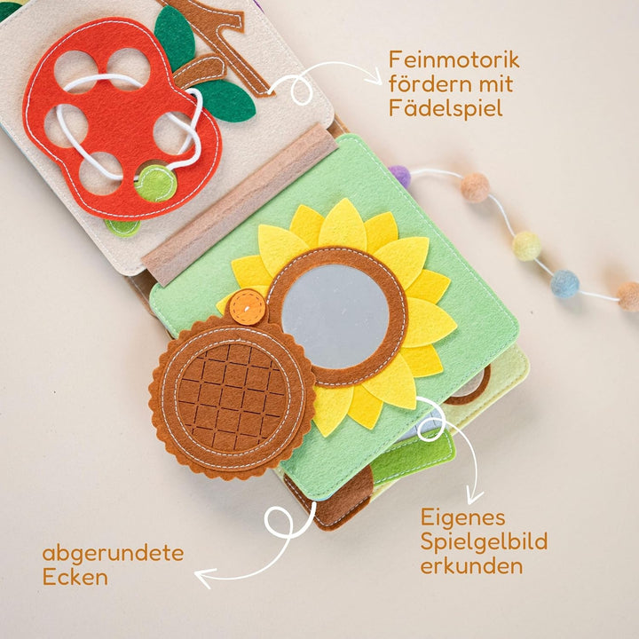 Mini Quiet Book Löwe – Handgefertigtes Filz-Sensorikbuch mit Fühlelementen – Bildschirmfreies Spielz