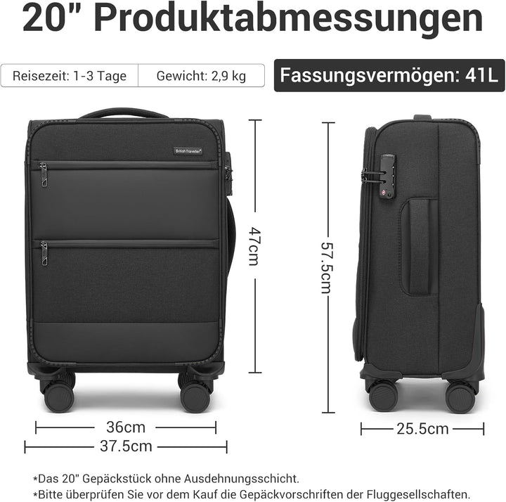 British Traveller Handgepäck Koffer Stoff, 41 Liter-Leichter Weichgepäckkoffer mit separatem Laptop-