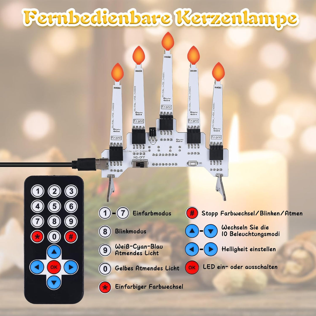 Löten Übungskit,Weihnachtskerzen Lichter 5 Kerzen Löt-Lernkit mit 10 Beleuchtungsmodi,Fernbedienung,
