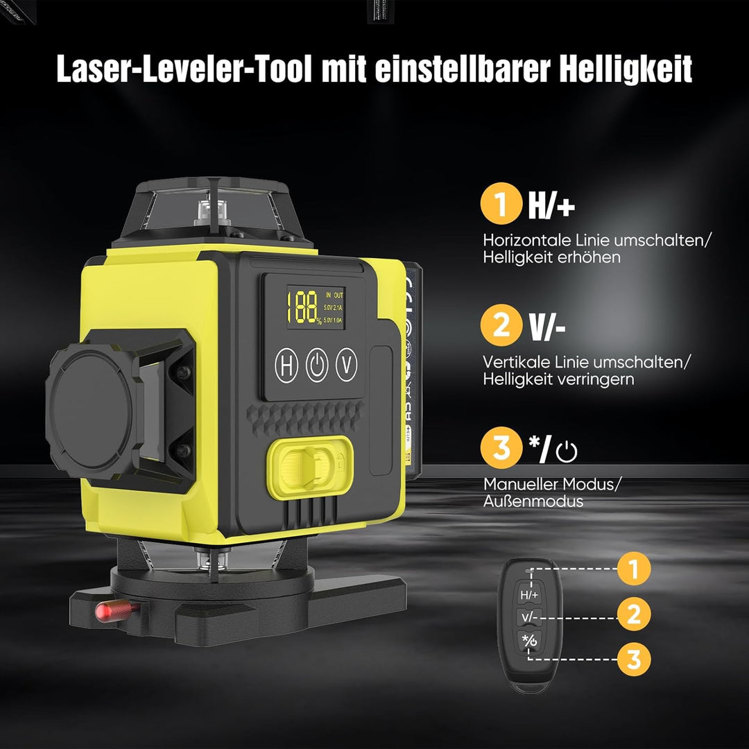 Kreuzlinienlaser mit Stativ, 4x360 Grad Grün Selbstnivellierend Laser Wasserwaage mit 2xBatterien 4D