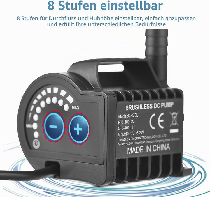 Elektrische Wasserpumpe, QR70L 5V 6.2W 0-400L/H Mikro Tauchwasserpumpe, 8 Stufen Einstellbar Drehzah