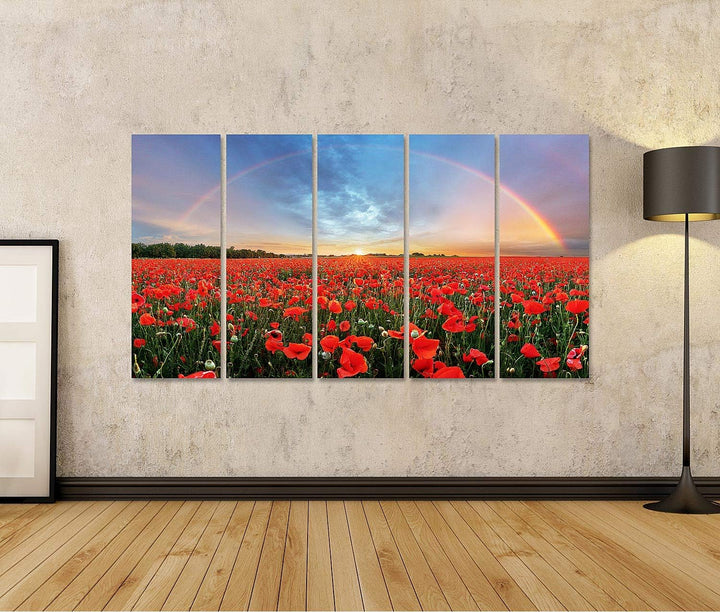 islandburner Bild auf Leinwand Regenbogen Landschaft Über Mohnfeld Bilder Wandbilder Poster Leinwand