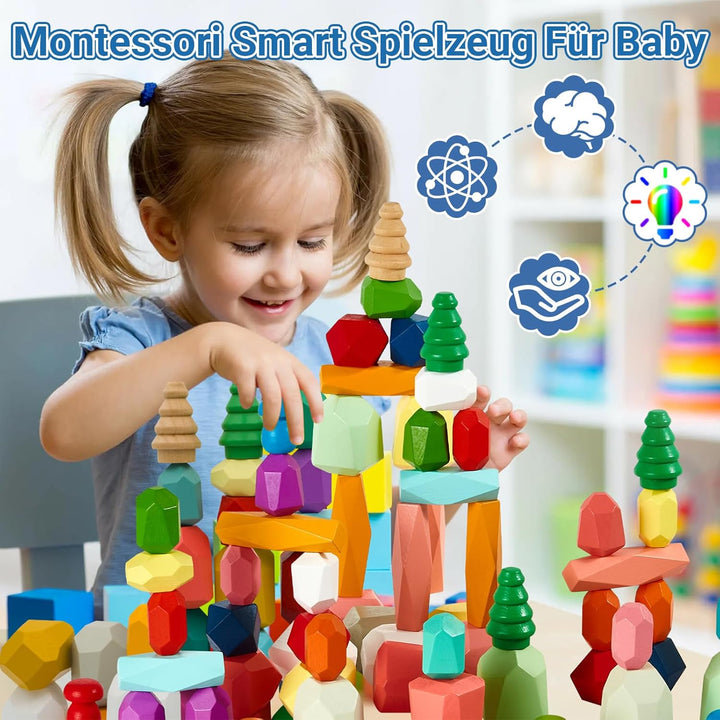 RunHero 58 Stück Stapelsteine Balanciersteine Montessori Holz Bauklötze Spielzeug für Kinder Stapelt
