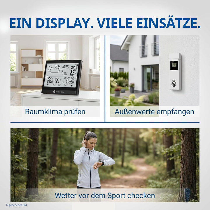 Real Madrid Wetterstation mit Aussensensor, Touch-Display, Frostwarnung, DCF-Signal, Weiss