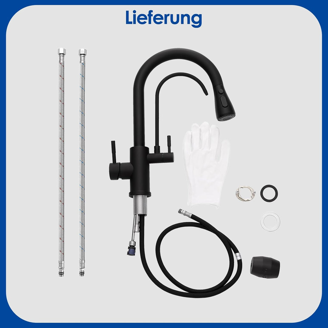 ROVOGO 3 Wege Wasserhahn Küche mit Filter, Küchenarmatur Schwarz Hochdruck mit Brause Ausziehbar, 36