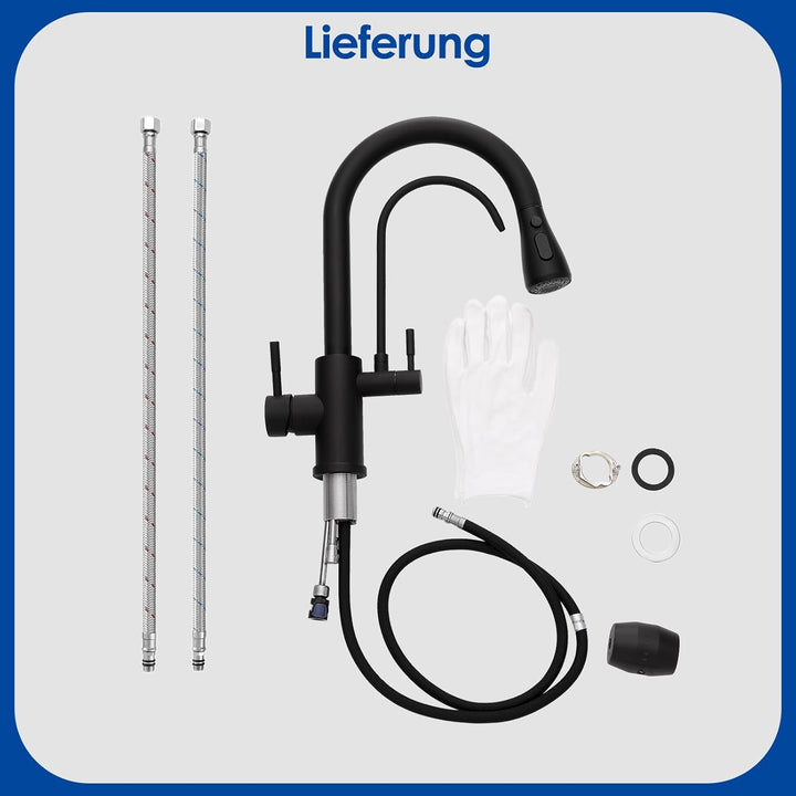 ROVOGO 3 Wege Wasserhahn Küche mit Filter, Küchenarmatur Schwarz Hochdruck mit Brause Ausziehbar, 36