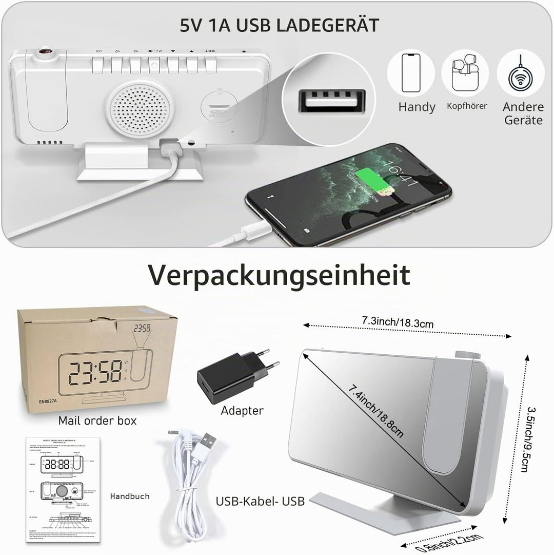 Exmate Projektionswecker, Digital Wecker mit Projektion, USB-Ladeanschluss, 7.5'' grosses Spiegel-LE