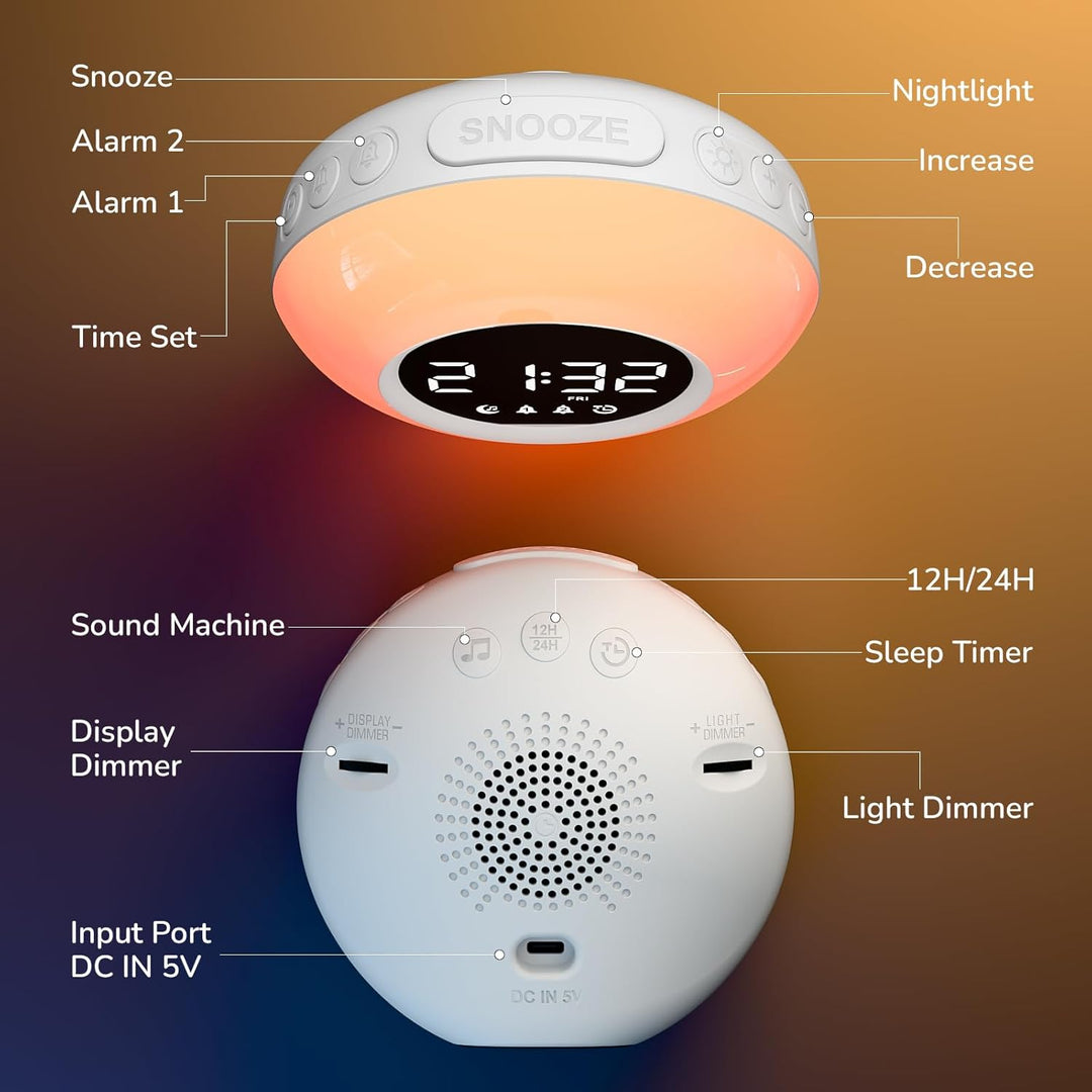 Wecker Digital, Kinderwecker mit Nachtlicht, 12 White Noise, 2 Alarme, Snooze und Timer, Einstellbar