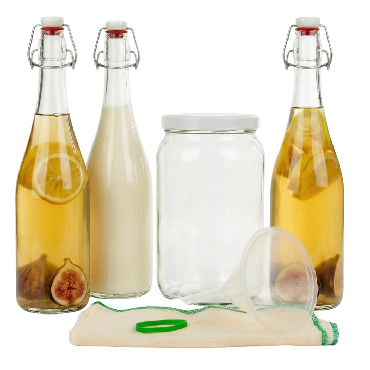 Kefir & Kombucha Starter Set | 2L Glasgefäss | 3 hermetische 750ml Bügelflaschen | 10cm Trichter & M