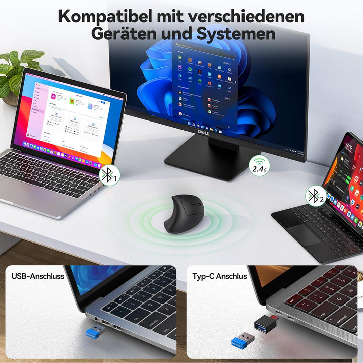 TECKNET Ergonomische Maus mit Jiggler, Kabellose Bluetooth Vertikales Maus(BT 5.0/3.0 & 2.4G) mit US