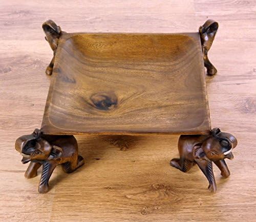 livasia Obstschale, Gebäckschale mit Elefanten aus Holz, Brotschale, asiatische Deko Schale eckig, H