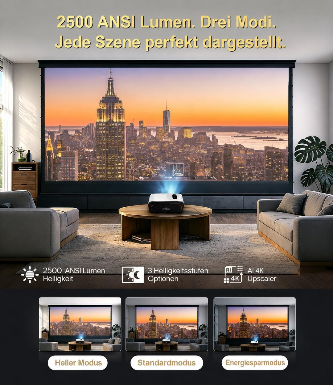 4K Beamer Google TV HDR10+, 2500 ANSI Lumen Tageslicht Heimkino Projektor mit WiFi Bluetooth HDMI AR