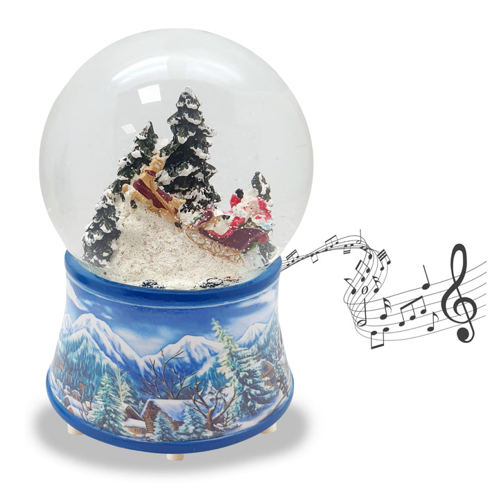 Schneekugel Weihnachten Spieluhr | Weihnachtsmann im Schlitten | Sockel Winterlandschaft hellblau |