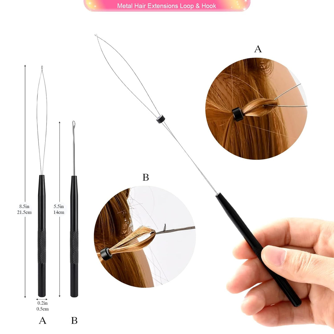 FOSHIO Haarverlaengerung Werkzeug Microring Extensions Set mit 200 Schwarz Microringe 2 Stück Micror