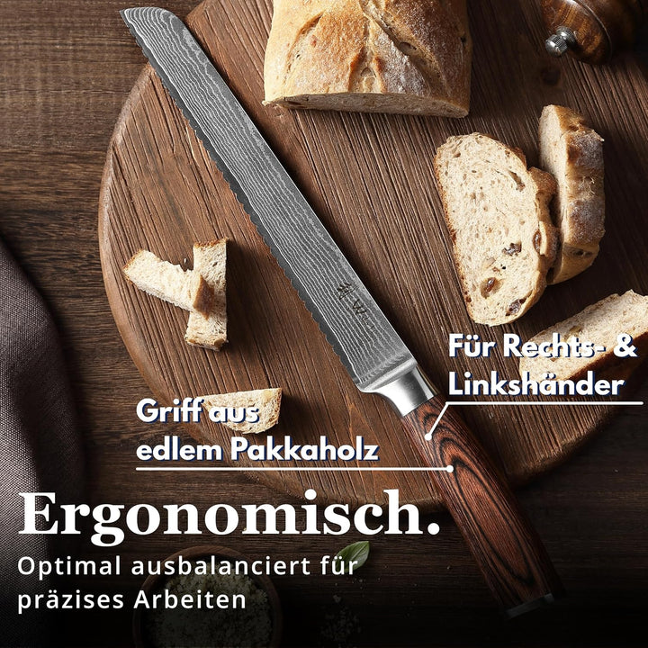 Wakoli EDIB Brotmesser Wellenschliff aus echtem Damaststahl (VG10 Kern) mit 23cm Klinge – Scharf & e