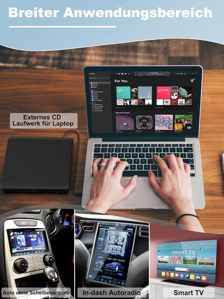 CD Player für Auto mit USB Anschluss - Lehwey CD Laufwerk für Auto mit 1M Verlängerungskabel, Extern