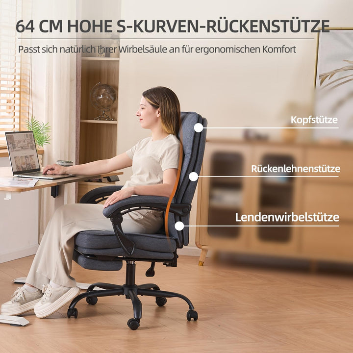 MZLEE Bürostuhl ergonomisch, Schreibtischstuhl mit Fussstütze, 90-135° neigbar Drehstuhl, Höhenverst
