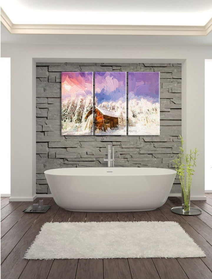 Pixxprint Holzhütte im Schnee als Leinwandbild/Grösse: 3 Teilig (120x80) cm/Wandbild/Kunstdruck/fert