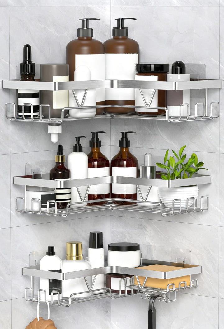 Kegii Duschablage Ohne Bohren Ecke - 3-Stufig Eckregal Bad Silber Duschregal Edelstahl Shampoo Halte