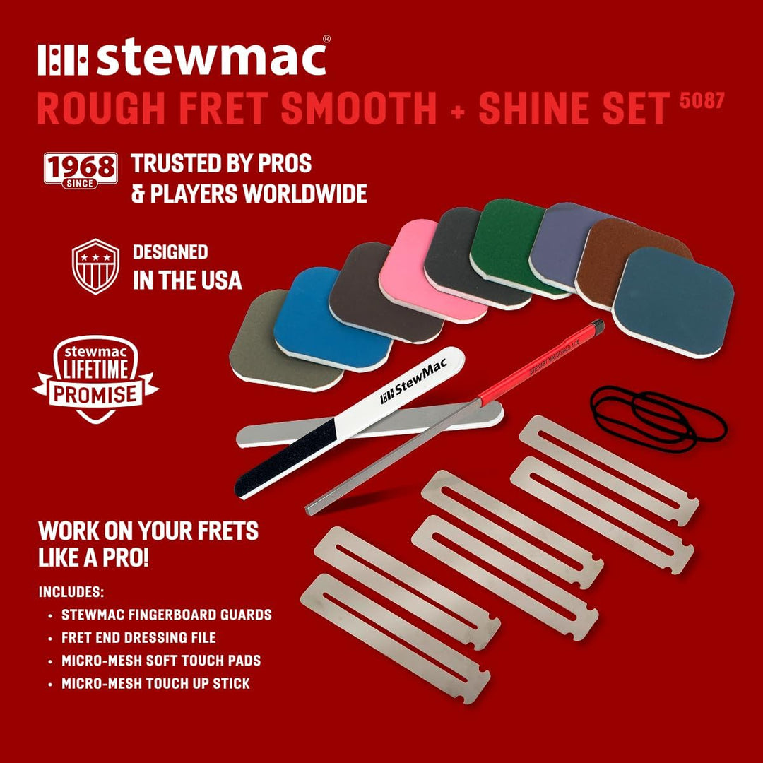 StewMac Rough Fret Smooth + Shine Set, zum Anziehen und Polieren von Bünden