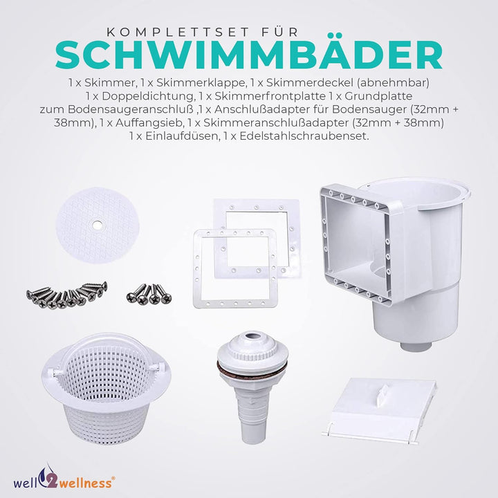 well2wellness Pool Skimmer Set S1 - Oberflächenskimmer Set für Schwimmbäder komplett inkl. Einlaufdü