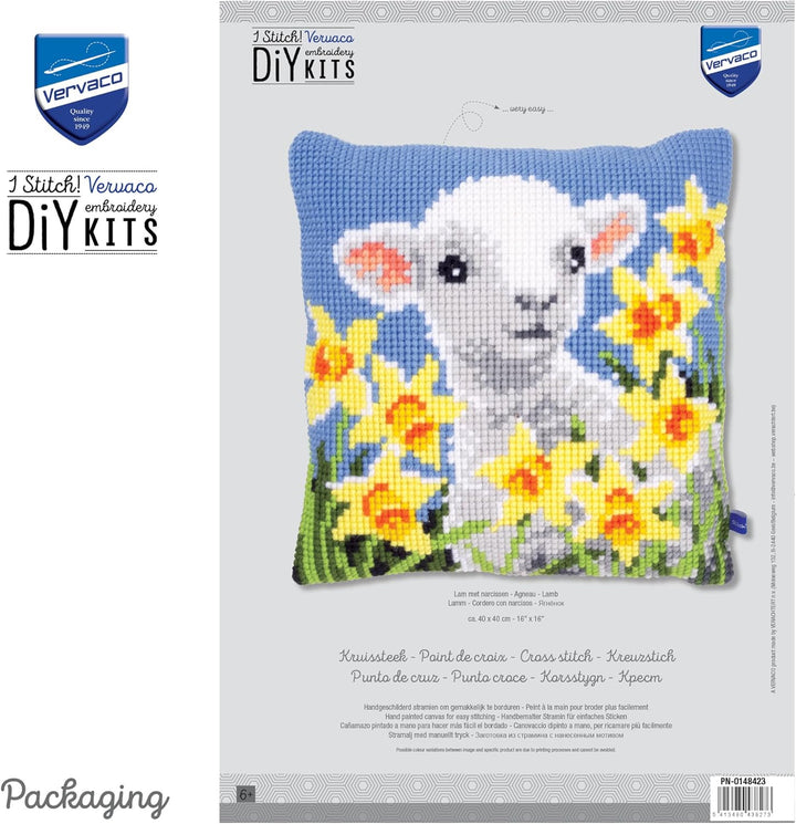 Vervaco Kreuzstichkissen Lamm Kreuzstickpackung vorgedruckt, Stramin, weiss, 40 x 40 x 0,3 cm
